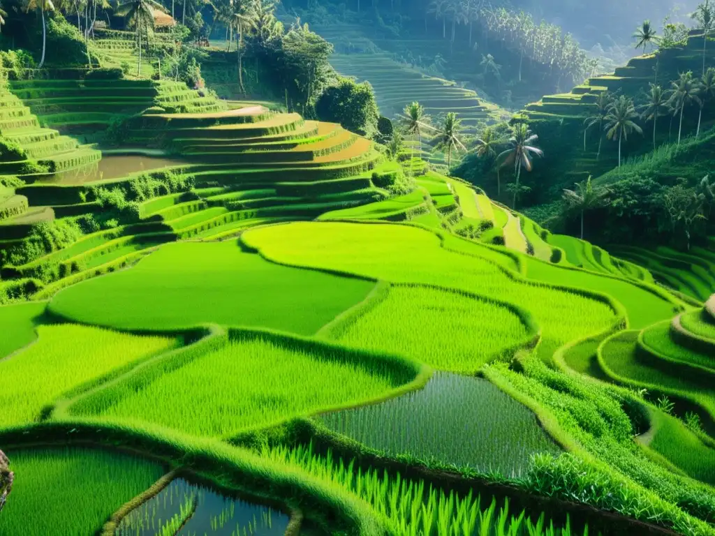 Esplendor natural: terrazas de arroz en Bali Un paisaje espiritual en la Isla de Bali: terrazas de arroz exuberantes, luz y sombra crean una escena de serena belleza