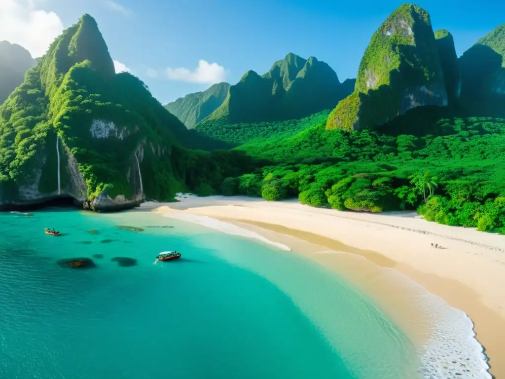 Exploración en isla virgen: desafíos y belleza natural Un paisaje virgen e imponente de una isla, exploradores atraviesan la exuberante vegetación