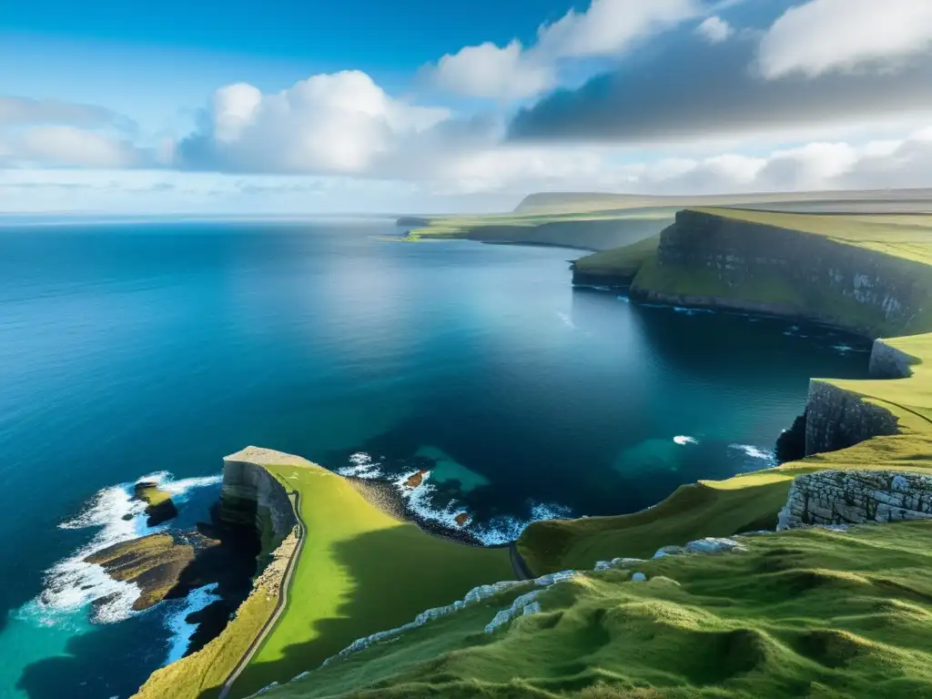 Costa escarpada de las Islas Orcadas: paisaje neolítico Un paisaje impresionante de las remotas islas de Orkney, con antiguas estructuras neolíticas en acantilados