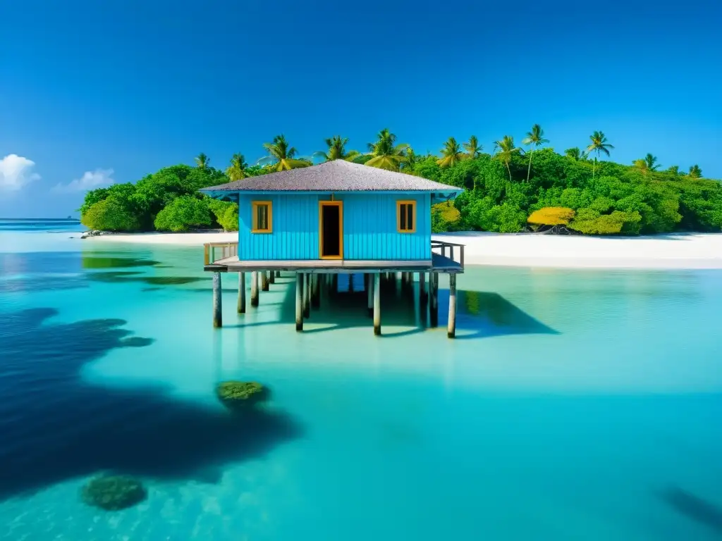 Palafito moderno sobre aguas cristalinas Palafito moderno en isla remota: arquitectura tradicional con toque contemporáneo sobre aguas cristalinas y exuberante vegetación