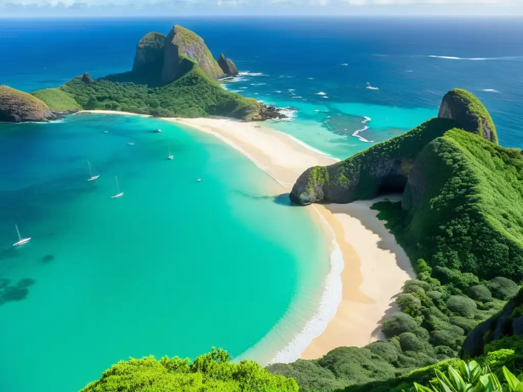 Paraíso en Fernando de Noronha: aguas turquesas y playas vírgenes Panorámica del paradisíaco Fernando de Noronha, con aguas turquesas y acantilados verdes