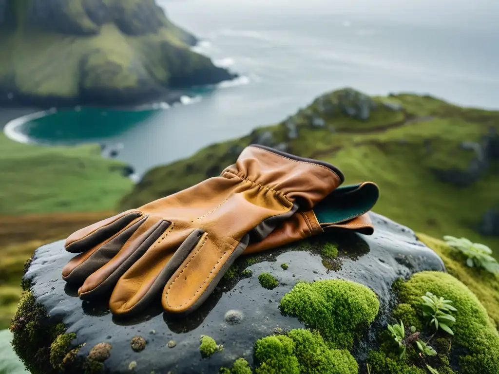 Guantes de cuero desgastados en paisaje remoto Par de guantes de cuero desgastado descansando sobre una roca cubierta de musgo en una isla remota, evocando la necesidad de equipo protección exploración islas remotas en entornos desafiantes y salvajes