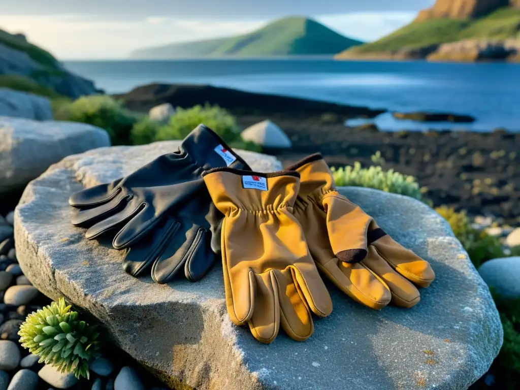 Guantes de cuero desgastados en la naturaleza salvaje Un par de guantes de cuero desgastados descansan en una orilla rocosa, junto a los restos de un campamento abandonado