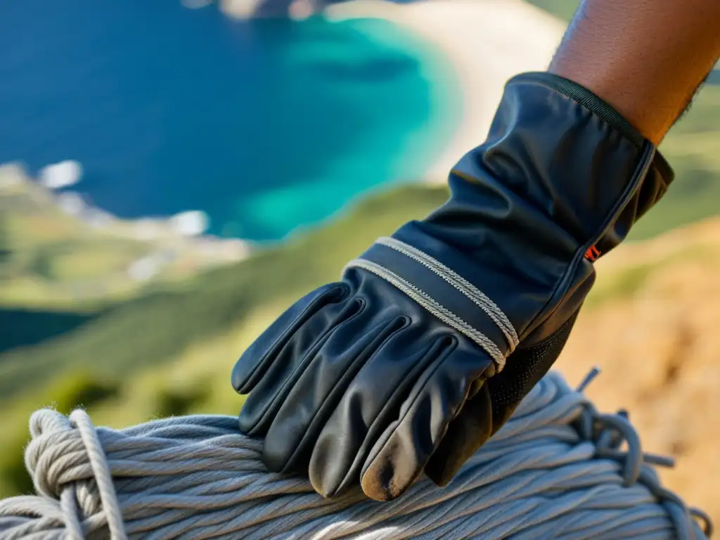 Guantes de expedición: resistencia y aventura en islas remotas Par de guantes desgastados, cubiertos de suciedad, agarrando una cuerda en una isla remota
