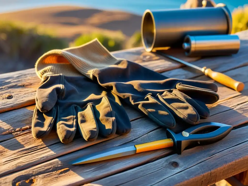 Exploración en islas remotas: guantes desgastados y aventura Par de guantes desgastados en mesa de madera con equipo protección exploración islas remotas, bañados por luz dorada del atardecer