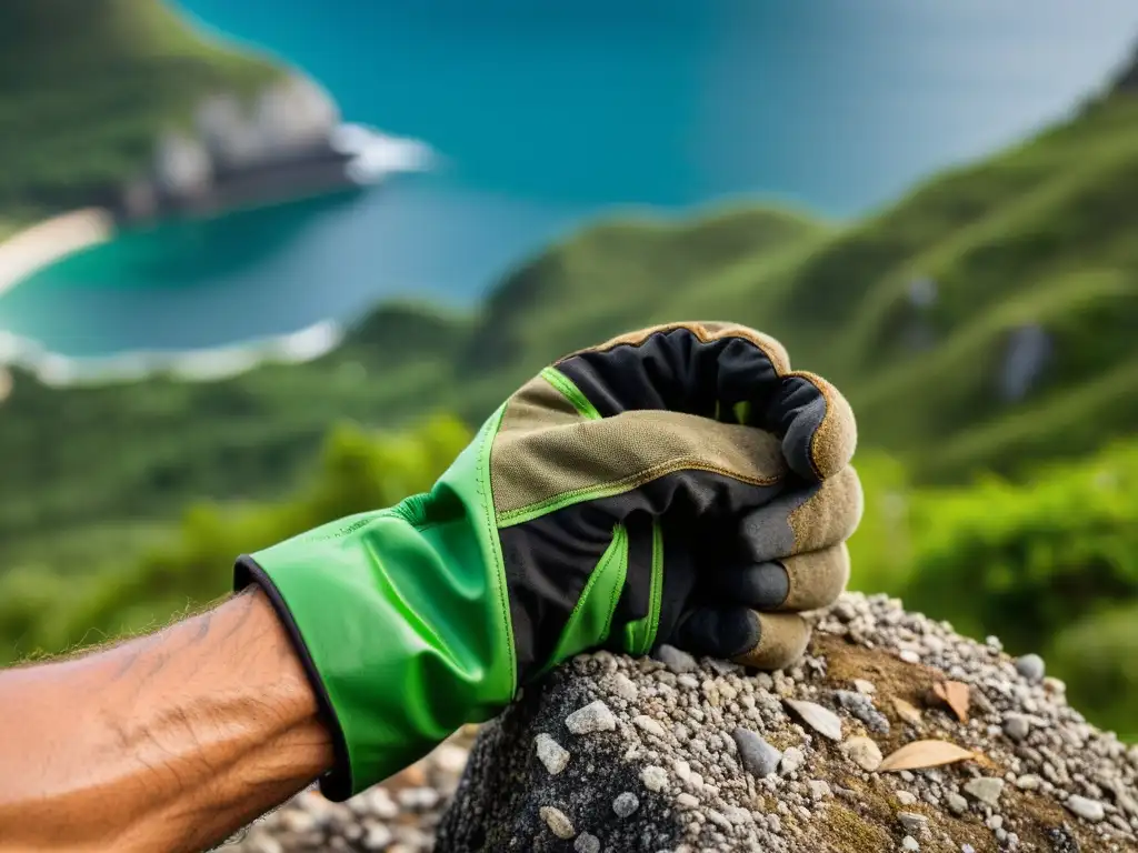 Guantes de aventura: resistencia en paisaje salvaje Un par de guantes desgastados por el uso en ambientes desafiantes, con un fondo de exuberante paisaje isleño