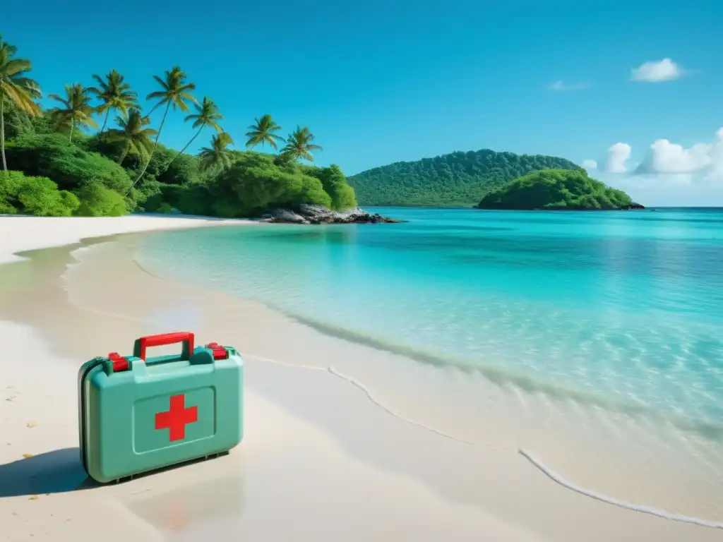 Playa paradisíaca: prevenir emergencias en el paraíso Un paraíso en una isla con kits esenciales primeros auxilios, donde un figura solitaria observa el horizonte