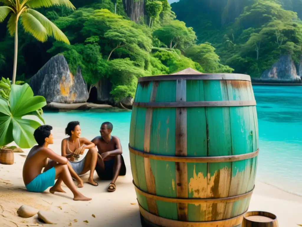 Elaboración tradicional de bebida isleña en paraíso tropical Un paraíso tropical con locales fermentando bebidas tradicionales