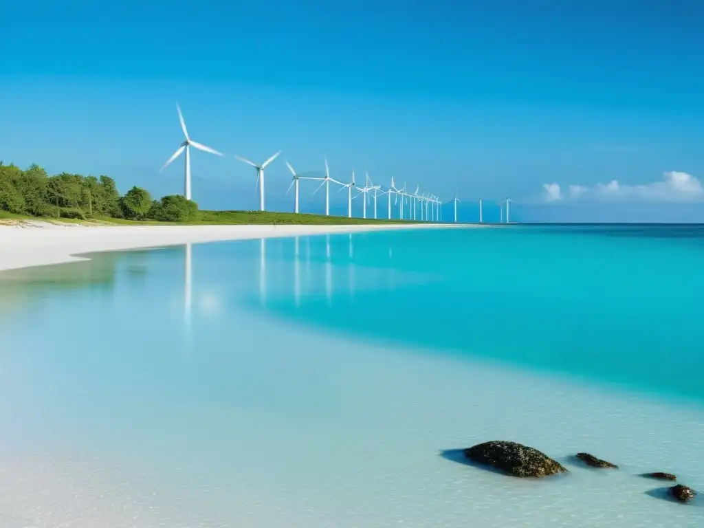 Playa remota: belleza y desafíos de la sostenibilidad Persona recogiendo residuos en playa remota, con turbinas eólicas al fondo