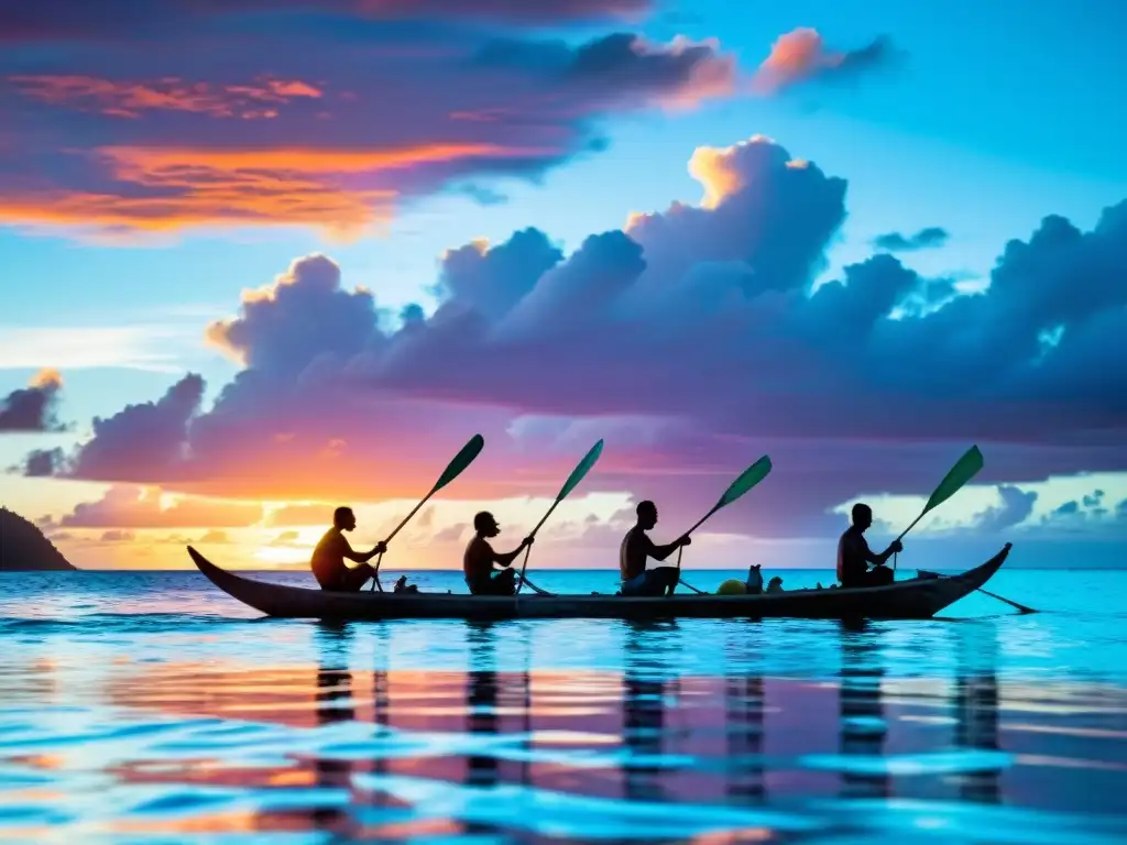 Pesca sostenible al amanecer en Polinesia: tradición y belleza marina Pescadores polinesios en canoa tradicional, lanzando redes al amanecer en aguas turquesas