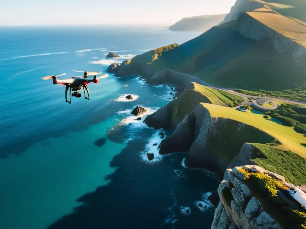 Explorador de drones: dominando los cielos isleños Un piloto de drones en traje especial observa el océano desde un acantilado rocoso
