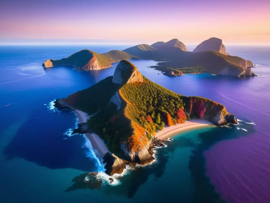 Impresionante atardecer en isla solitaria Pintura impresionista de islas aisladas: Atardecer dorado en una isla remota, con costa escarpada y cielo de colores brillantes