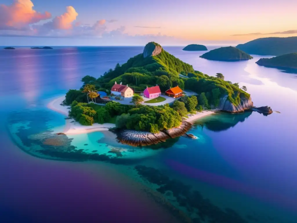 Isla remota al atardecer: paisaje pintoresco en 8k Pintura impresionista de islas aisladas bañadas por la cálida luz del atardecer, reflejando un ambiente sereno y aislado