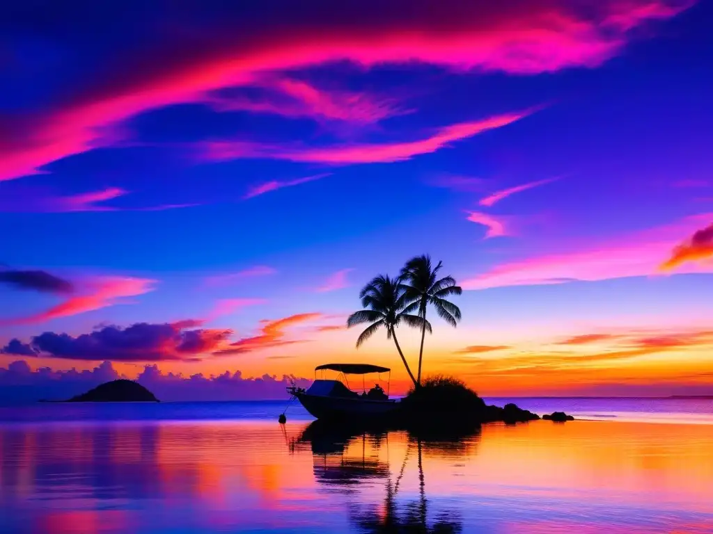 Atardecer mágico en isla remota: colores vibrantes y tranquilidad Pintura impresionista de islas aisladas: atardecer deslumbrante con tonos cálidos y serena atmósfera costera