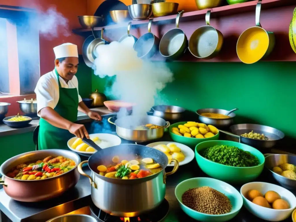 Vibrante cocina de Santo Tomé y Príncipe: tradición y color Platos típicos de Santo Tomé y Príncipe: una bulliciosa cocina llena de ingredientes coloridos, cocineros locales y técnicas culinarias tradicionales