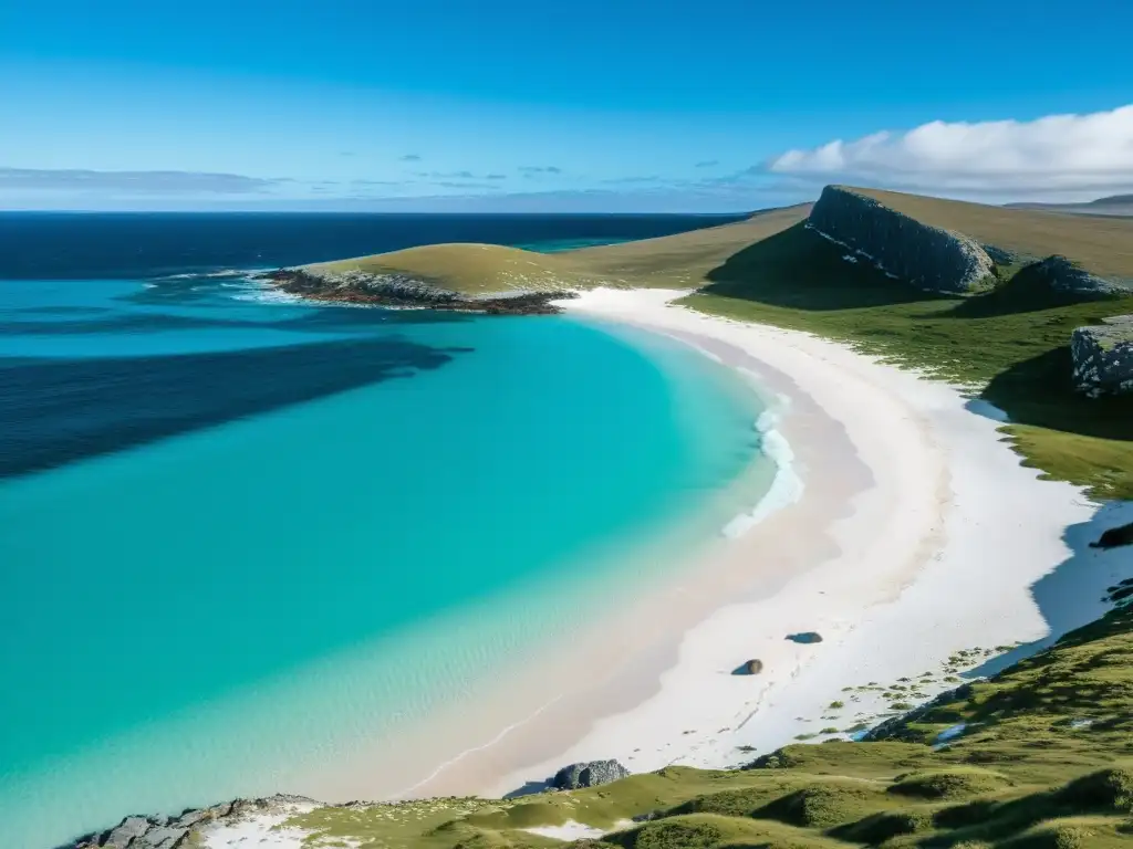 Playa virgen en las Islas Malvinas: serenidad salvaje Playa prístina de las Islas Malvinas, aguas turquesas, acantilados ventosos y pingüinos