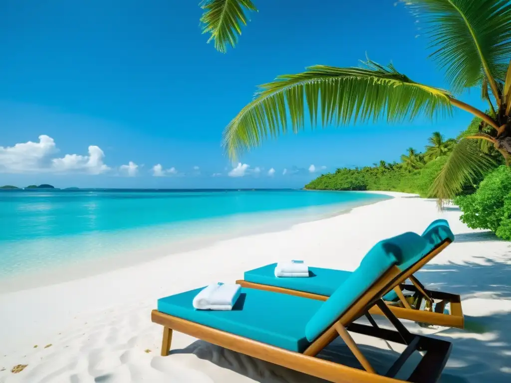 Playa paradisíaca: relájate en un paraíso natural Playa serena en isla, aguas turquesas, vegetación exuberante, cabaña rústica y sillas de descanso