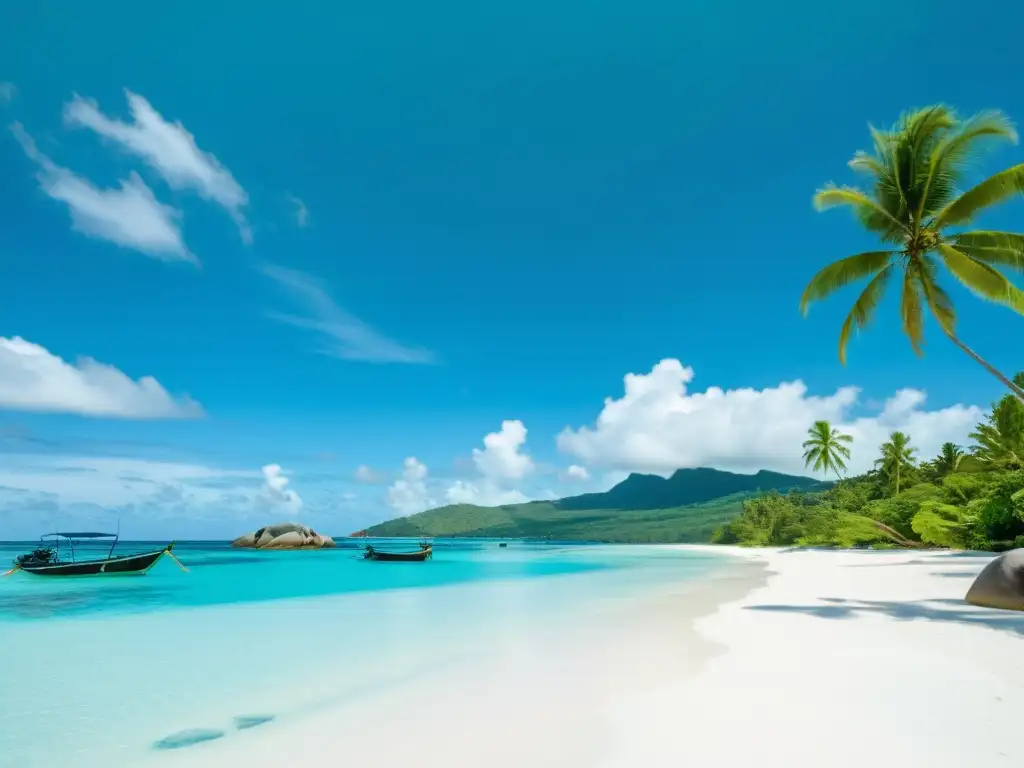 Playa paradisíaca en Seychelles: aguas turquesas y palmeras Playa virgen en Seychelles, aguas turquesas, palmeras y barcos pesqueros