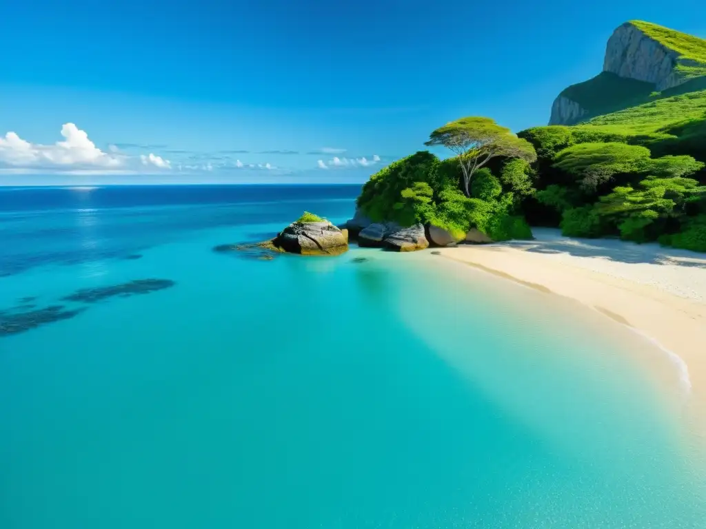 Playa paradisíaca: aguas turquesas, arena dorada y palmera solitaria Playas escondidas Caribe guía: Playa virgen con aguas turquesas, arena dorada y un solitario cocotero reflejado en el mar