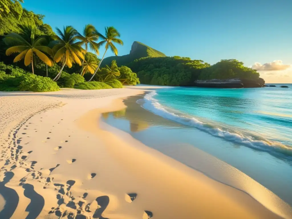 Playa paradisíaca: arena blanca, aguas turquesas y atardecer vibrante Playas escondidas Caribe guía: Una playa remota con arena blanca, aguas turquesas y una puesta de sol vibrante sobre el mar Caribe