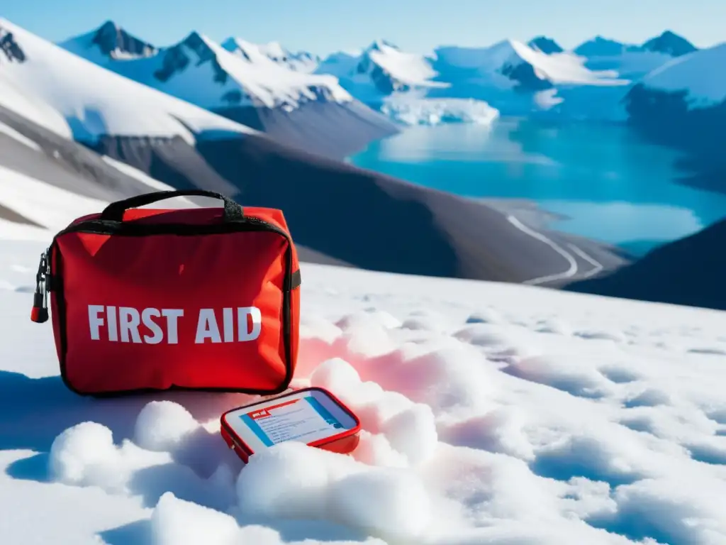 Kit de primeros auxilios vibrante en la nieve de Svalbard Primeros auxilios de colores brillantes en la nieve de Svalbard, equipo necesario para expedición Svalbard