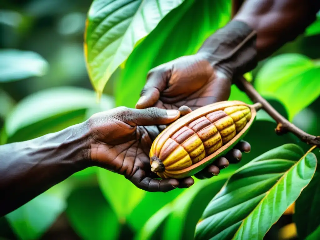 Proceso de elaboración del cacao en la exuberante Isla de São Tomé: cosecha experta de un fruto de cacao, reflejando tradición y belleza natural