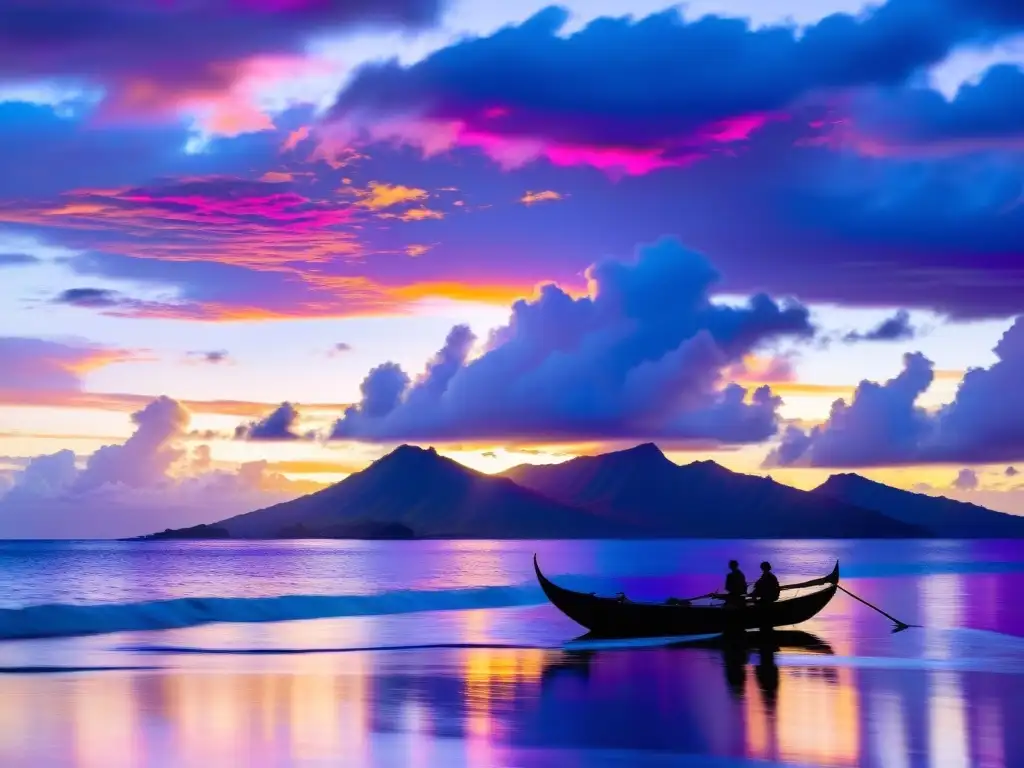 Puesta de sol sobre Hawái: Canoa y colores del atardecer Una puesta de sol vibrante sobre el océano Pacífico, iluminando las islas hawaianas con un cálido resplandor dorado