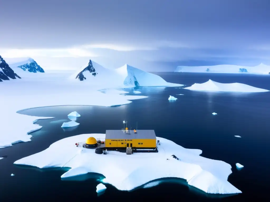 Estación de investigación en las Islas Orcadas del Sur: belleza polar extrema Un refugio en las Islas Orcadas del Sur, rodeado de hielo y cielos polares dramáticos, donde científicos en clima extremo realizan experimentos