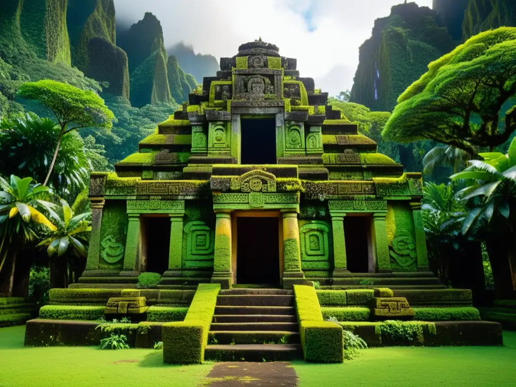 Templo de piedra cubierto de musgo en la selva polinesia Reliquias y ruinas Polinesia exploración: Antiguo templo de piedra cubierto de musgo verde en una clara selva, iluminado por el cálido sol entre la densa vegetación