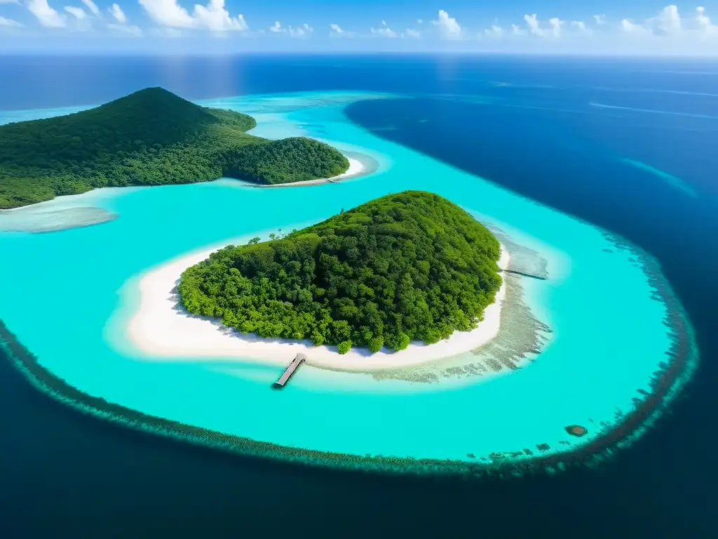 Retiro espiritual en isla paradisíaca: serenidad entre la naturaleza Retiro espiritual en isla remota: paisaje sereno con aguas turquesa, vegetación exuberante y refugio entre árboles