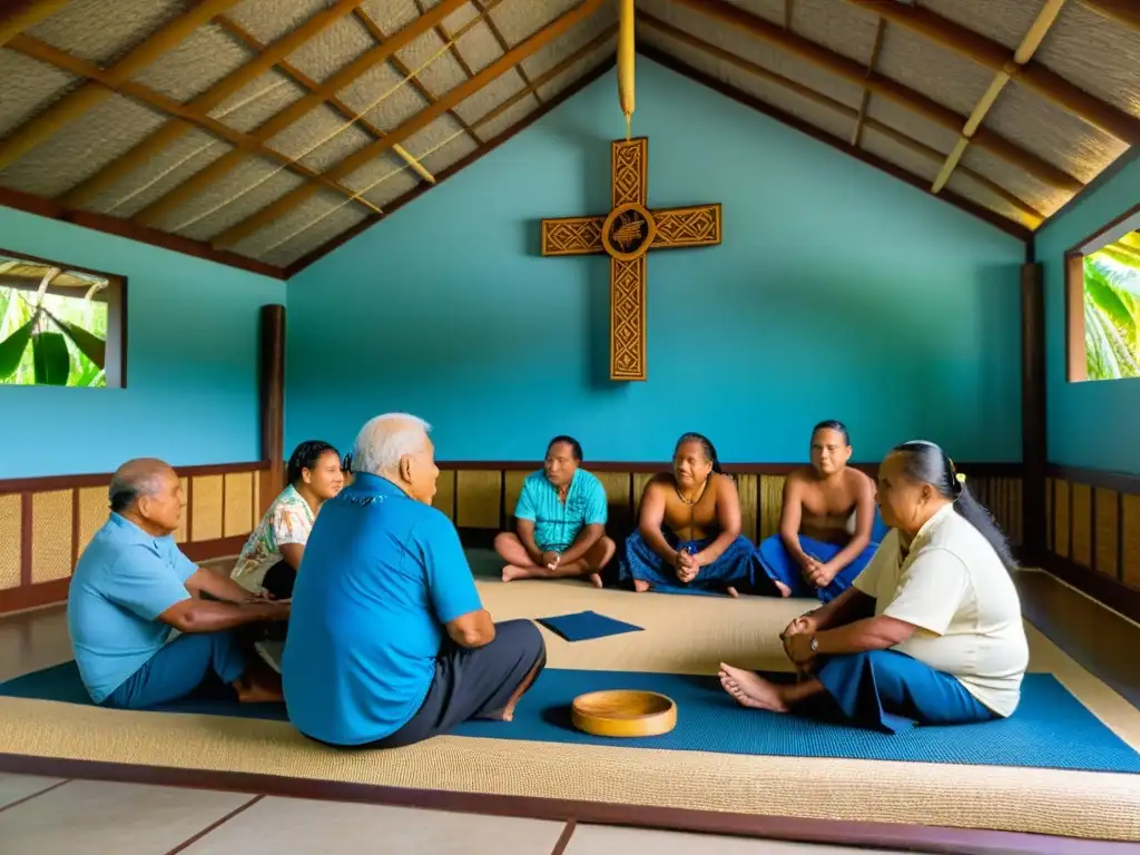 Legado cultural en Micronesia: Tradición y evolución Reunión comunitaria en Micronesia: la evolución de tradiciones se entrelaza con la cultura, destacada por la luz cálida y la naturaleza exuberante