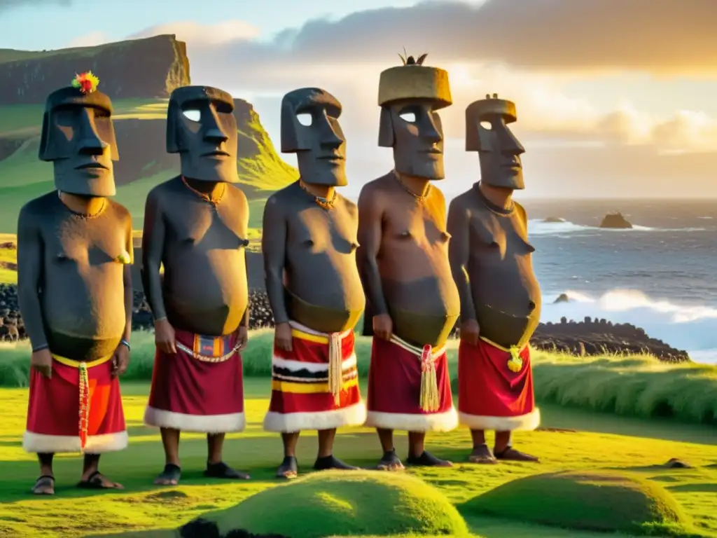 Danza ancestral de los Rapa Nui frente a los Moai al atardecer Rituales ancestrales Isla Pascua ceremonias: Ancianos Rapa Nui danzando junto a los Moai al atardecer, en un hermoso tributo a su legado cultural