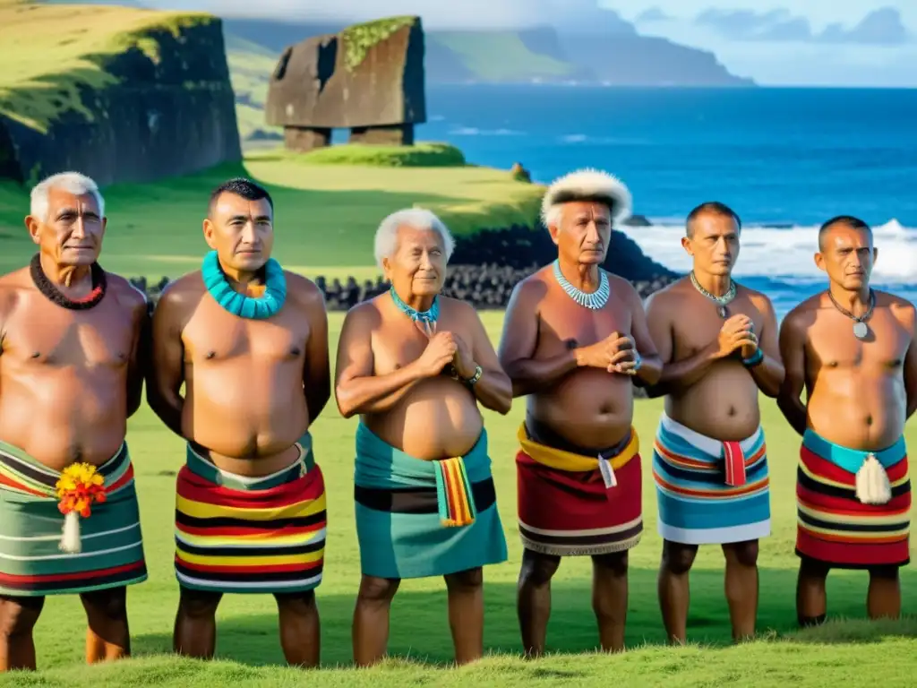 Ritual ancestral de Rapa Nui: elders, tapa y moai Rituales ancestrales Isla Pascua ceremonias: Ancianos Rapa Nui realizan un ritual tradicional en la mística Isla de Pascua al atardecer
