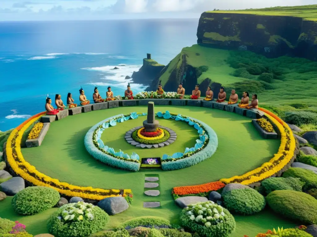 Rapa Nui: Ceremonia ancestral en Isla de Pascua Rituales ancestrales en Isla Pascua: ceremonias y tradición junto al altar de piedra y ofrendas, con Rapa Nui en vestimenta tradicional
