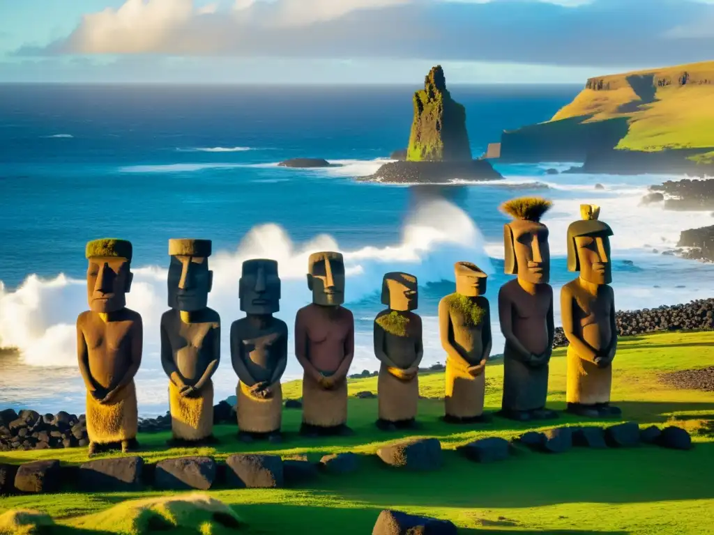 Ritual ancestral al atardecer en Isla de Pascua Rituales ancestrales en Isla Pascua: ancianos en traje tradicional realizan un ritual sagrado junto a los moai al atardecer