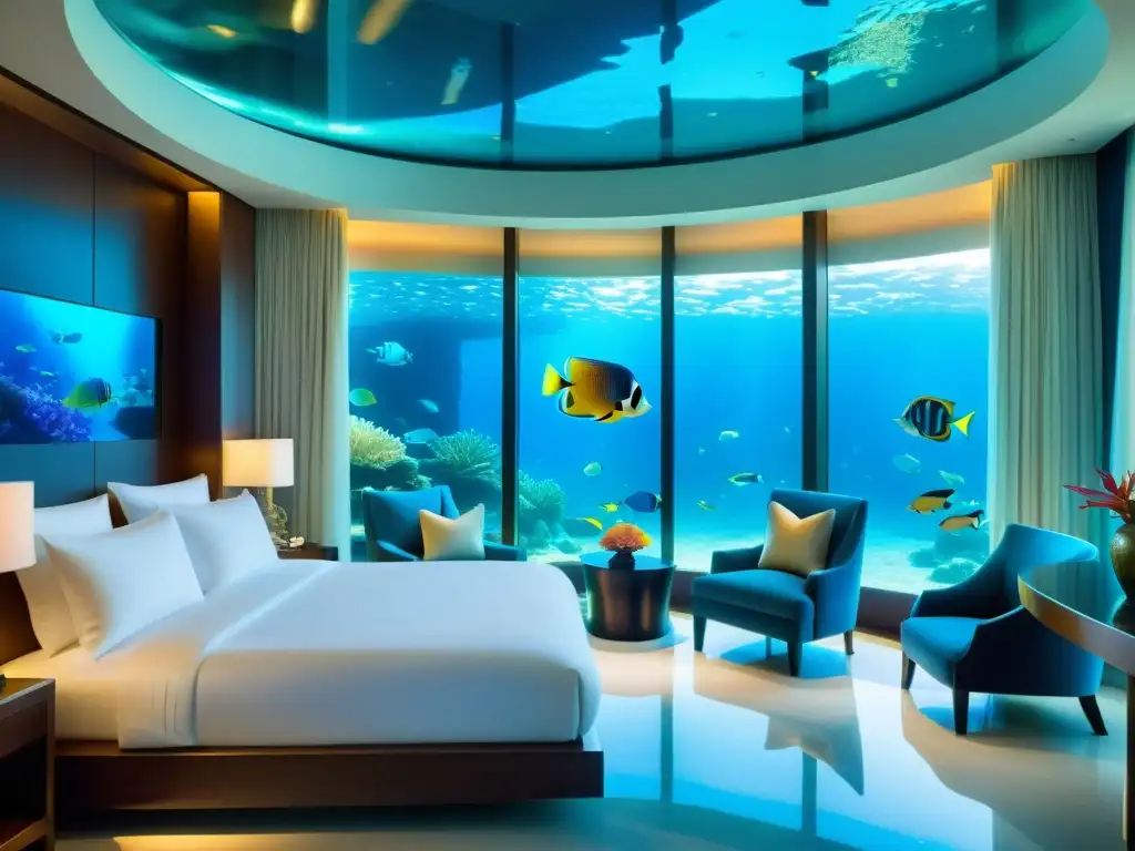 Suite submarina de lujo: vida marina en ventana Suite acuática para dormir rodeada de vida marina colorida y relajante, filtrando la luz del sol a través del agua