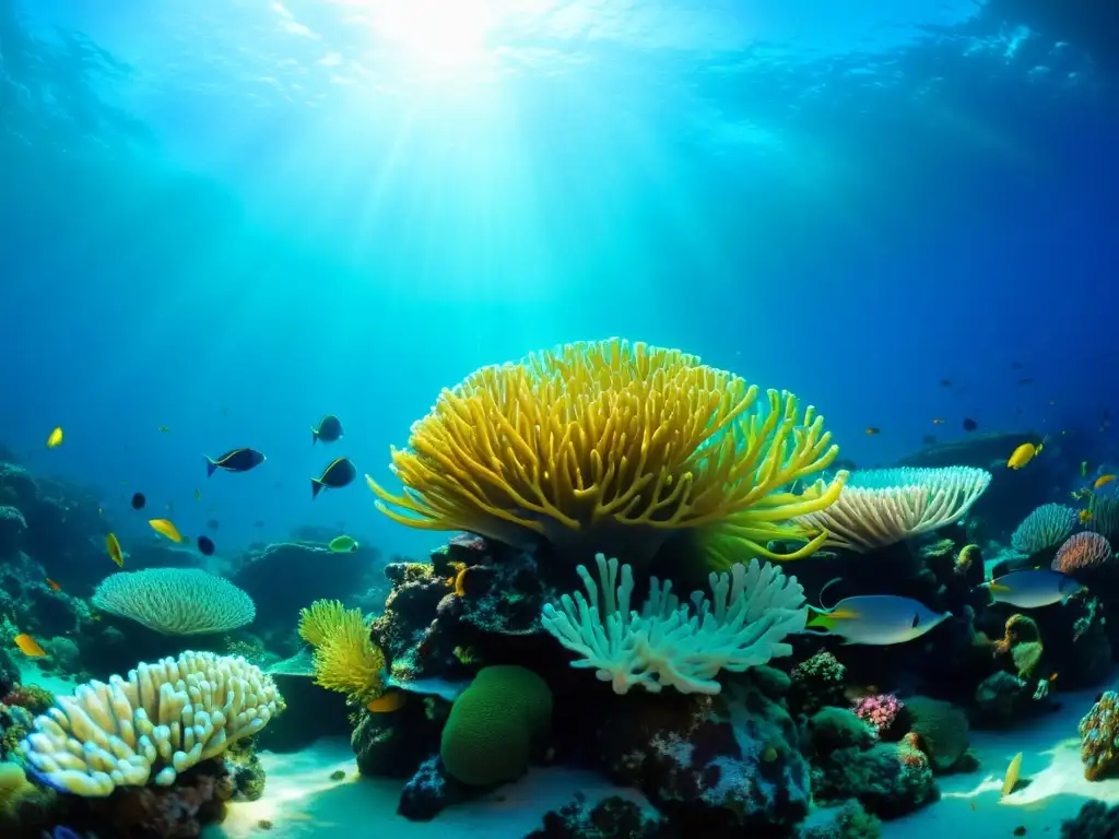 Arrecife de coral: maravilla submarina Dormir rodeado de vida marina en un arrecife de coral colorido y vibrante, con peces, plantas marinas y anémonas, iluminado por rayos de sol