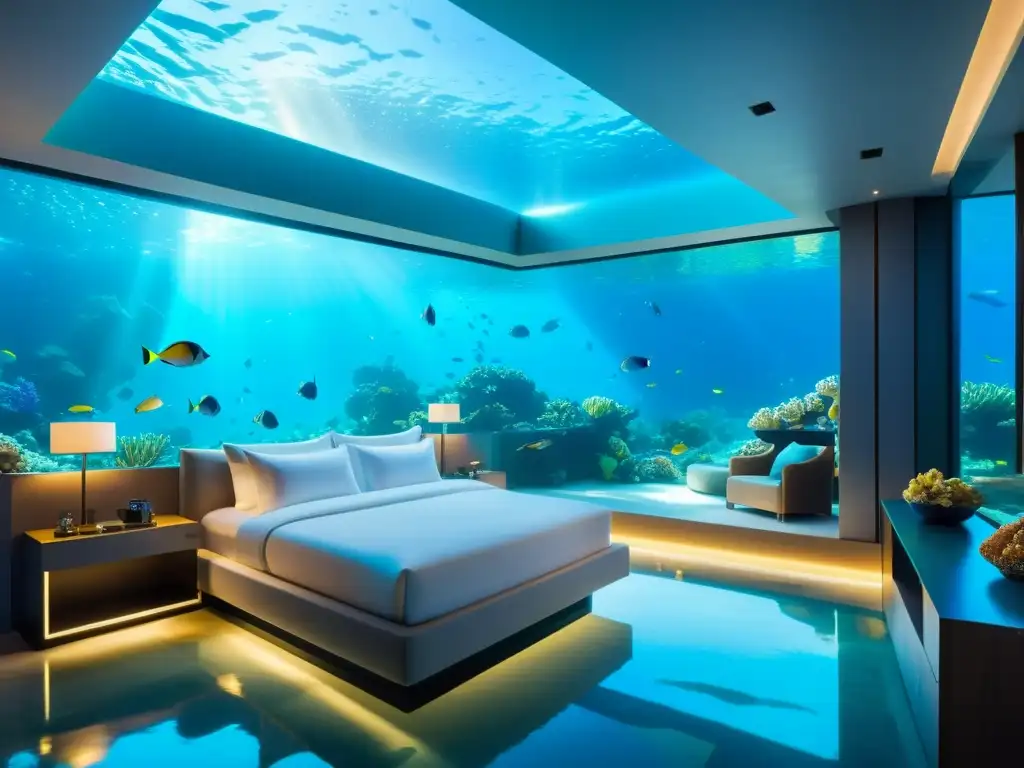 Suite de hotel submarino: lujo y vida marina en 8k Dormir rodeado de vida marina en lujosa habitación submarina con vistas a arrecife de coral y peces coloridos