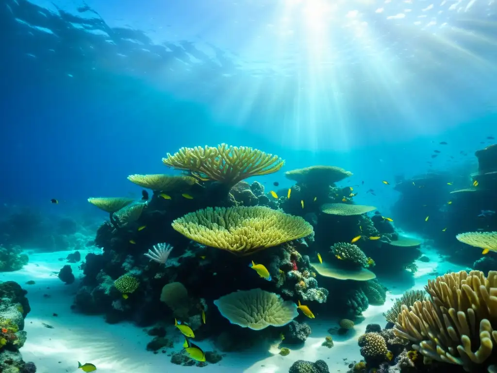 Espléndido arrecife de coral: vida marina en un mundo subacuático Dormir rodeado de vida marina en un vibrante arrecife de coral, con peces coloridos y plantas marinas ondulantes bajo la luz del sol