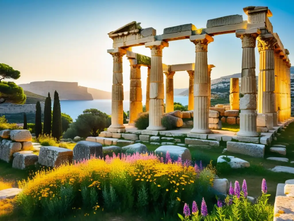 Ruinas doradas: templo griego en decadencia y flores vibrantes Ruinas de un templo griego rodeadas de flores silvestres, bañadas por la luz dorada del sol