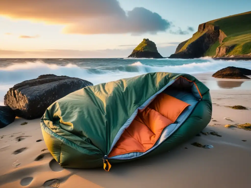 Sleeping bag resistente en isla remota Sacos de dormir para islas remotas: Un paisaje salvaje con una resistente bolsa de dormir en una playa remota, parcialmente desabrochada