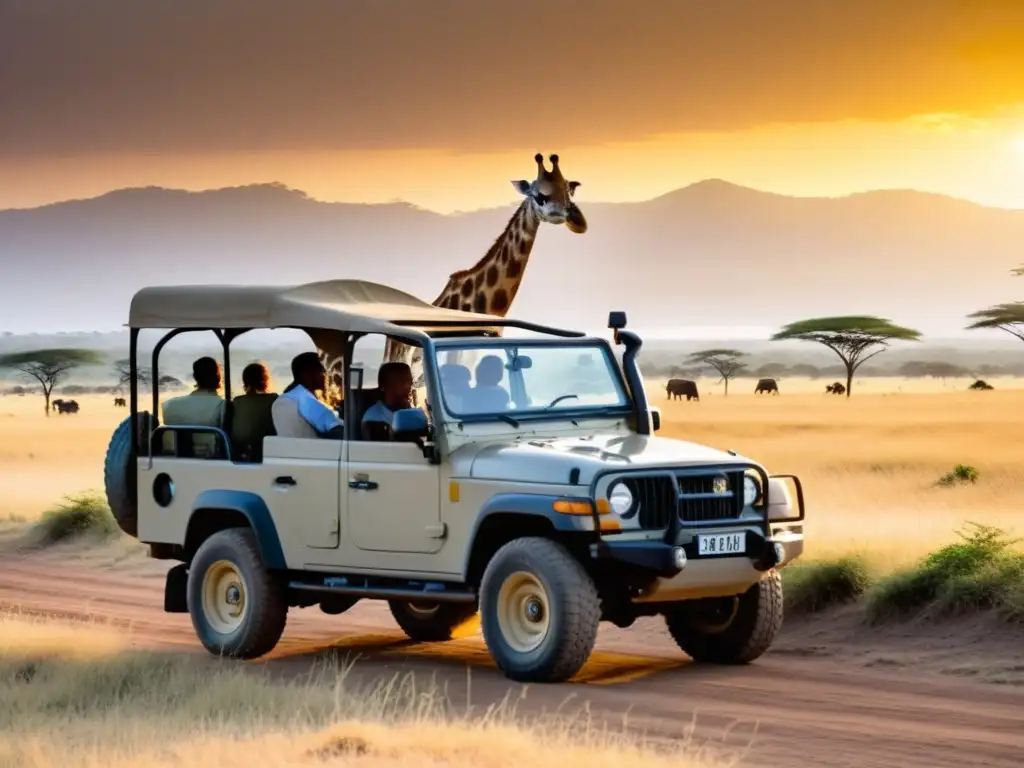 Safari de lujo: Elefantes y jirafas en la exótica sabana Safari en islas exóticas: Jeeps abiertos atraviesan la sabana