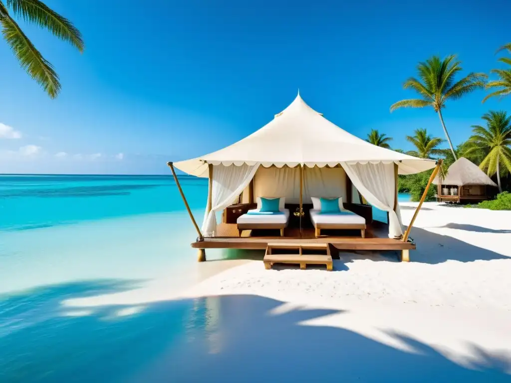 Tienda de safari de lujo en playa paradisíaca Un safari en islas exóticas: lujosa tienda de campaña entre palmeras en una playa de arena blanca, con un entorno sereno y lujoso