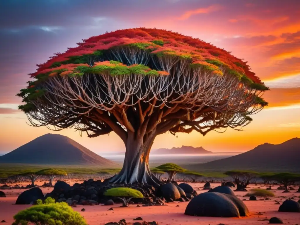 Árbol de Sangre de Dragón en Atardecer Surreal La icónica Dracaena de Sangre de Dragón en Socotra, destacando su forma única y la belleza alienígena en un atardecer surrealista