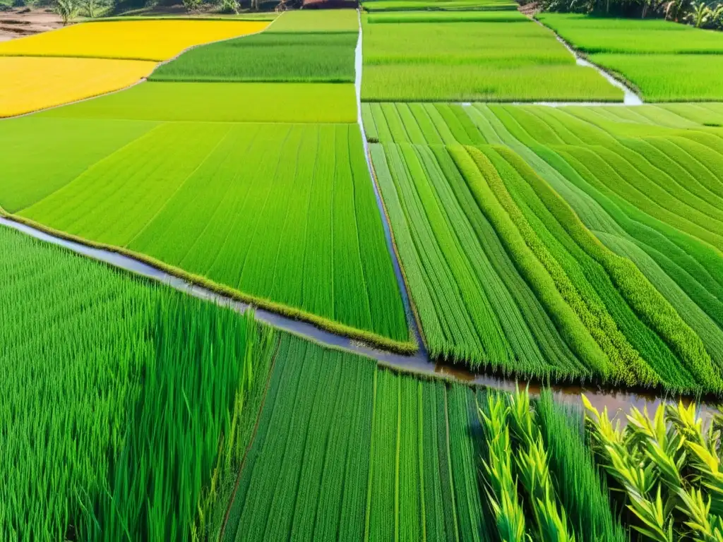 Arrozales vibrantes en Madagascar: labor y naturaleza Semillas nutritivas de culturas remotas: Detalle de arrozales verdes en Madagascar, reflejando la luz del sol en un paisaje tropical exuberante