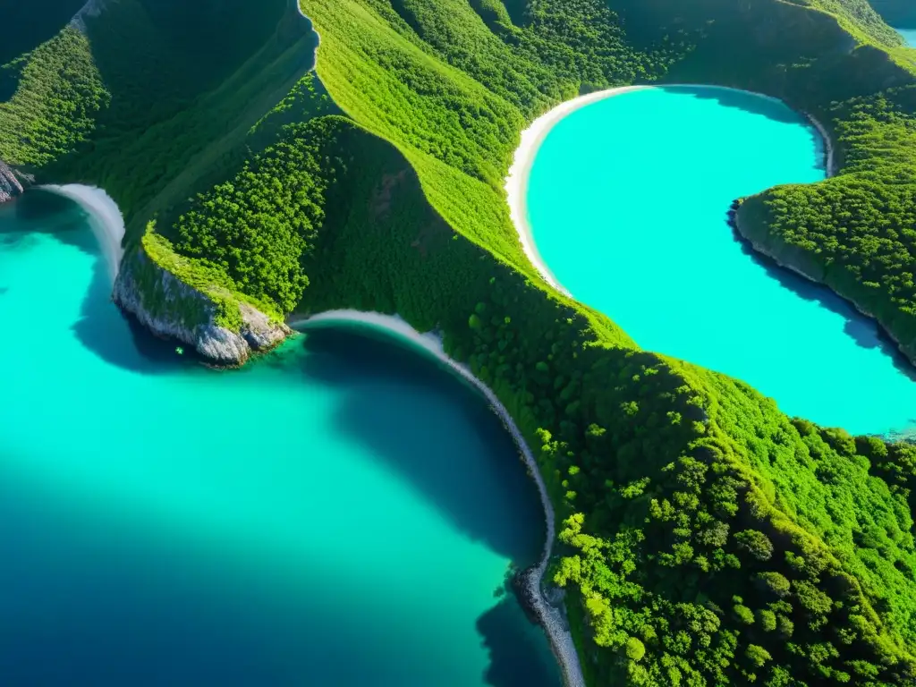 Sendero de montaña y aguas turquesas en isla remota Senderismo sostenible en islas remotas: Senderos serpenteantes entre exuberantes montañas y aguas cristalinas