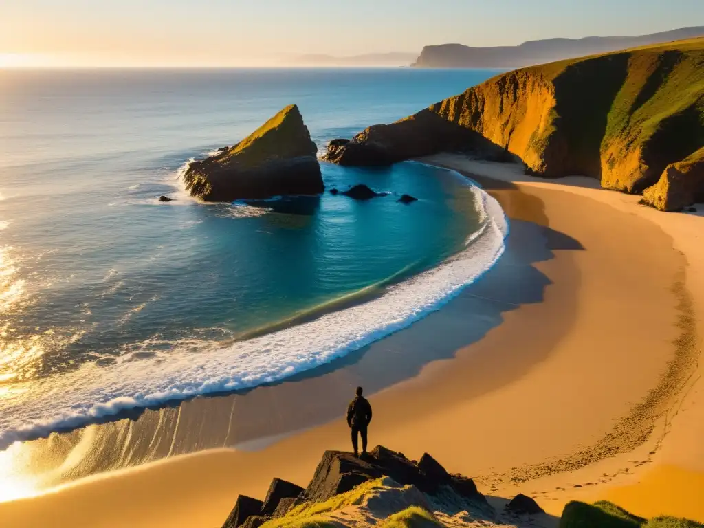 Explorador solitario en la costa salvaje: supervivencia en la isla desierta Silueta solitaria en costa salvaje, contemplando el mar al atardecer