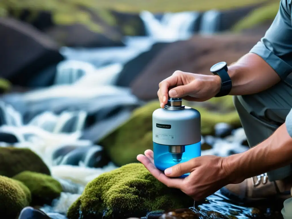 Filtración de agua en paisaje remoto: tecnología purificadora en acción Un sistema de filtrado de agua para destinos remotos en acción, purificando el agua en un paisaje natural y remoto