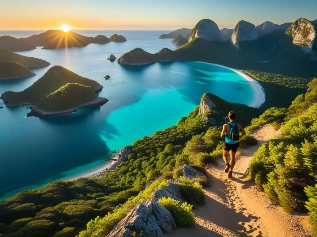 Exploración épica: corredor solitario en isla remota Un solitario corredor de senderos se aventura en la isla, descubriendo la belleza de los senderos ocultos de las islas inexploradas al atardecer