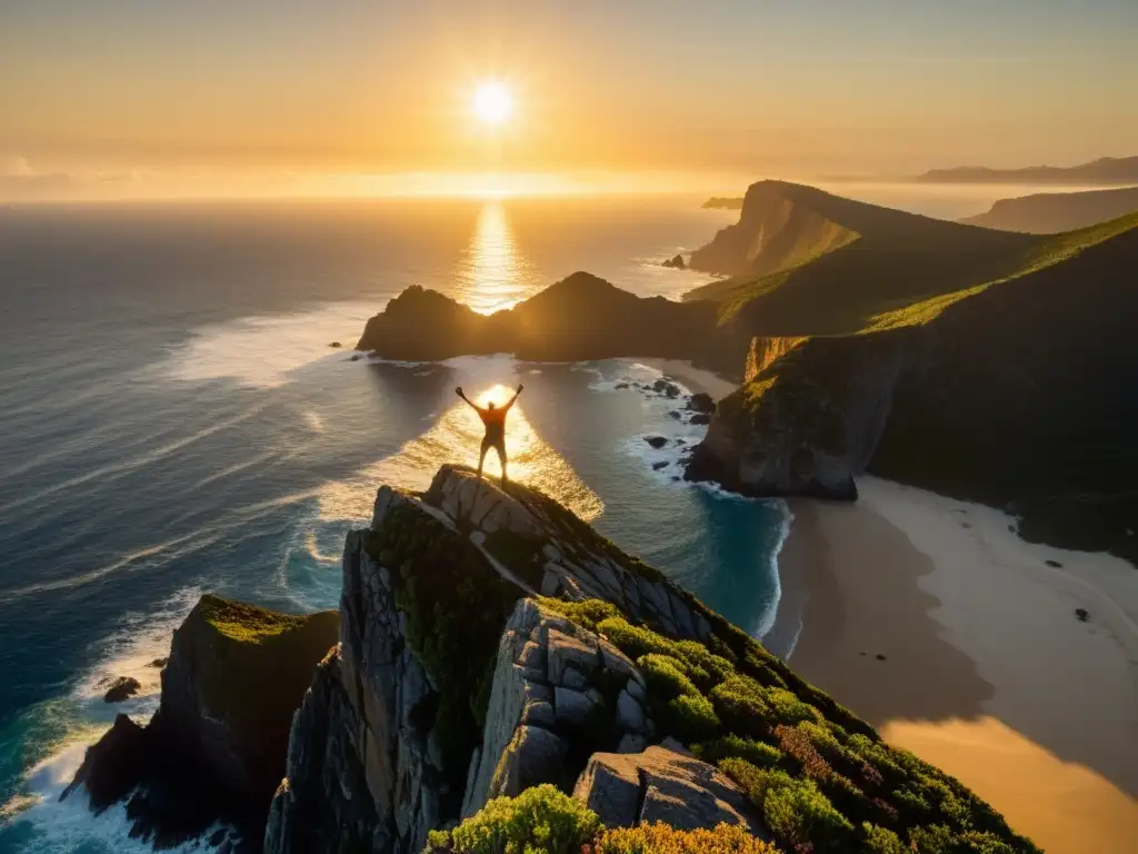 Triunfante escalada en solitario al atardecer Un solitario escalador en la cima de un acantilado en una isla remota, desafiando la naturaleza sin cuerdas